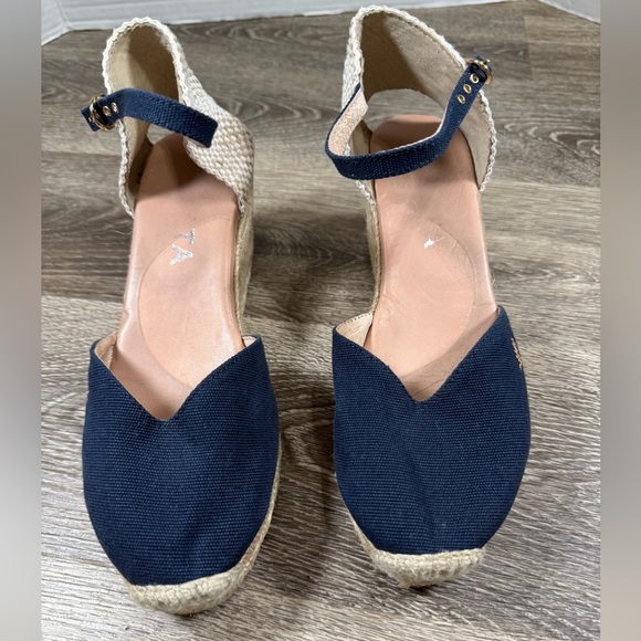 Viscata Espadrille 7.5 Navy/Tan Canvas Wedge Ankle Strap Closed Toe Nautical - Picture 7 of 9